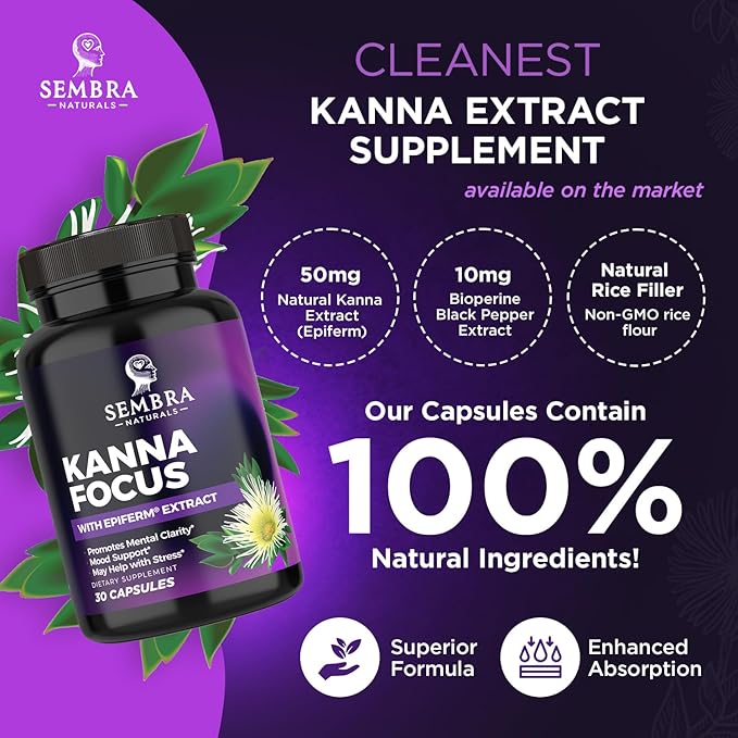 KANNAFOCUS - Natural Kanna Extract 50mg, Fermented Sceletium Tortuosum & Bioperine® - Focus, Mood & Mental Wellness Support - Herbal Nootropic for Daily Clarity & Energy - 30 Capsules