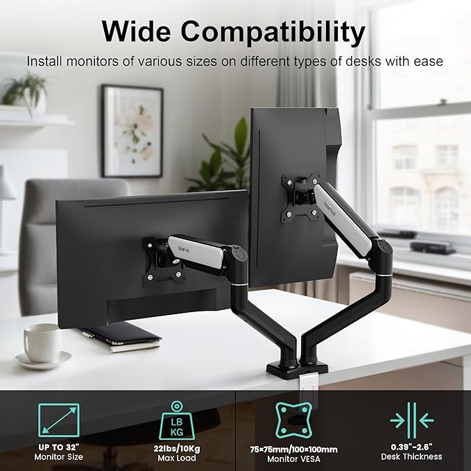 Dual Monitor Desk Mount for 13-32" Computer Screen,Adjustable Gas Spring Monitor Arm,Each Arm Holds 4.4 to 22 lbs,Swivel/Tilt/Rotation,VESA 75X75mm 100X100mm,C Clamp & Grommet Mounting Base