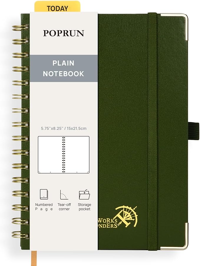 POPRUN Blank Journal Notebook, [A5-5.75'' x 8.25''] - 120 GSM Thick Paper, 141 Numbered Pages, Spiral Hardcover for Men & Women with Pocket, Index Tabs, 8 Perforated Sheets, Oilve