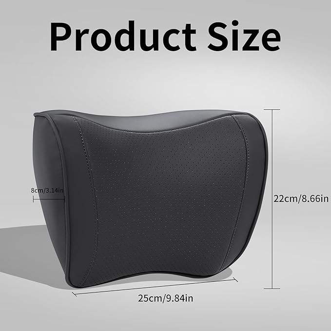 Car Headrest Pillow 100% Memory Foam, Breathable Removable Leather Cover, Premium Seat Support Head Neck Cushion for Driving Travel Home Office, Black, 2 Pack