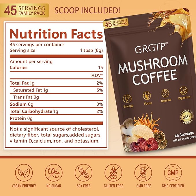 GRGTP Mushroom Coffee - Superfood Blend with 6 Adaptogens (Cordyceps, Lion's Mane, Reishi Other) | Jitter-Free Energy, Enhanced Focus, Digestion & Immunity Support | 45 Servings, Vegan, Gluten Free, Non-GMO | Smooth Flavor