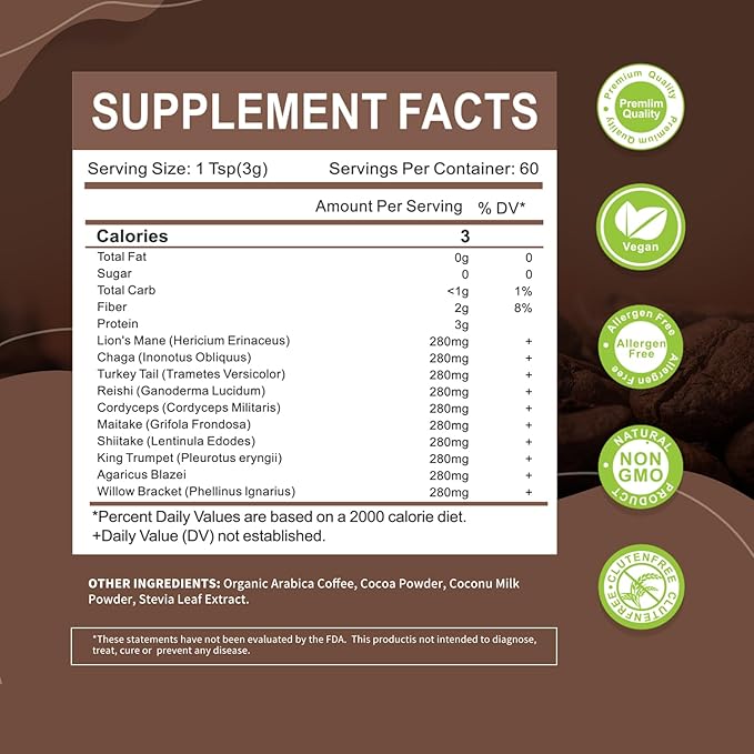 Mushroom Coffee - Lions Mane Mushroom Powder Instant Coffee with Lion's Mane, Reishi, Chaga, Cordyceps, and Turkey Tail - Alternative for Energy, Mental Clarity & Focus, Brain Booster 6.35oz