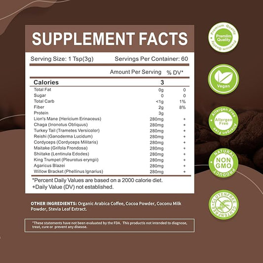 Mushroom Coffee - Lions Mane Mushroom Powder Instant Coffee with Lion's Mane, Reishi, Chaga, Cordyceps, and Turkey Tail - Alternative for Energy, Mental Clarity & Focus, Brain Booster 6.35oz