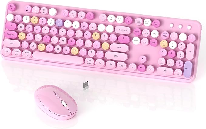 Colorful Wireless Keyboard and Mouse Combo, COVEVA 2.4GHz Wireless Retro Cute Round Keycaps Keyboard, 104 Keys Full-Sized Keyboard Mouse Set with Switch Button for PC Laptop Desktop (Pink Colorful)