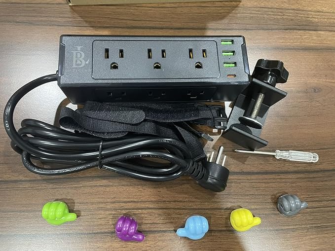 Desk Clamp Power Strip with USB C (20W PD) & USB A, 9 AC Outlets, Surge Protector, Flat Plug, 6.5ft Extension Cord – Desk Mount Power Station with Cable Management Kit for Home & Office – Black