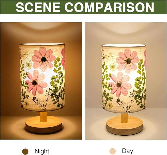 Dried Flowers Table Lamp 5W LED 3-Color Pressed Flower Bedside Lamp Linen Shade with Wood Base for Bedroom Living Room Desk Office