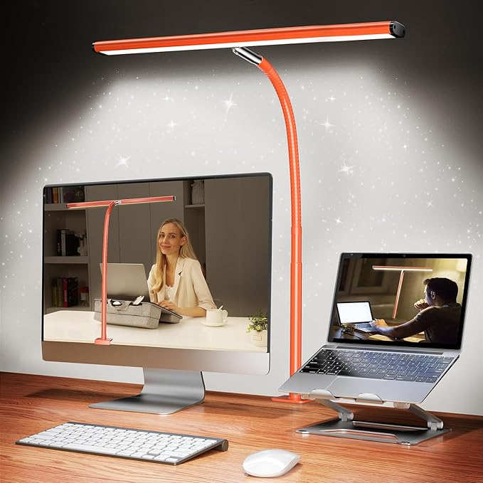 LED Desk Lamp for Office Home, Eye-Caring Desk Light with Stepless Dimming Adjustable Flexible Gooseneck, 10W USB Adapter Desk Lamp with Clamp for Reading, Study, Workbench (Orange)