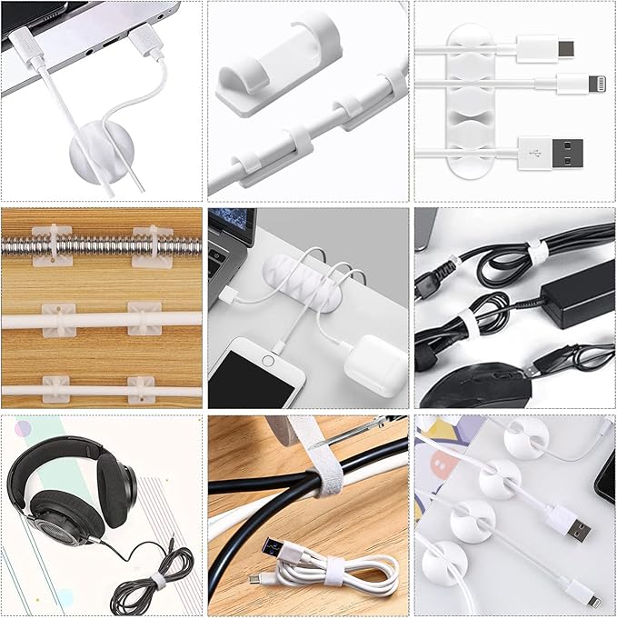 White Cable Management Organizer Kit, 2 Wire Sleeve Protector, 41 Self Adhesive Cable Clips Holder, 10pcs+2 Roll Reusable Cable Ties and 100 Cable Zip Ties for TV Computer Cord Tidy Under Desk