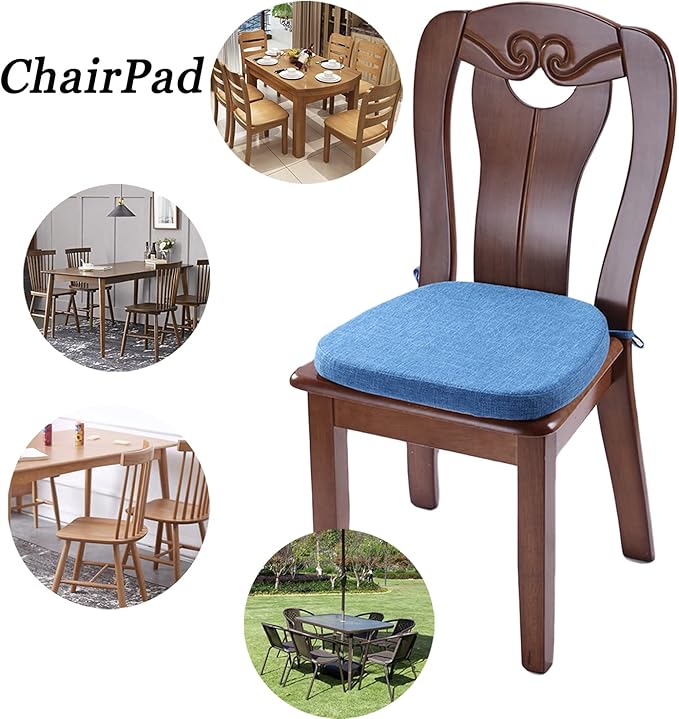 Chair Cushion with Ties for Dining Chairs - Memory Foam Non Slip Kitchen Chair Pad and Dining Seat Cushion with Machine Washable Cover Set of 4 [16.5 x 16.2 Inches] - Blue