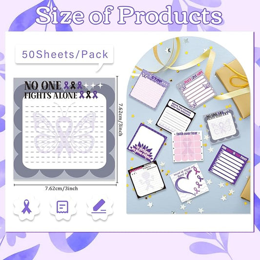 Domestic Violence Awareness Sticky Notes Gifts, 9 Pack Domestic Violence Prevention Month Notepads 3x3 Inch, Purple Ribbon Post Memo Pads Office School Supplies for Men Women (450 Sheets)
