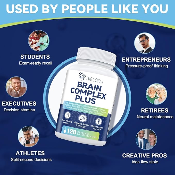 Brain Supplements for Memory and Focus | Nootropic with Bacopa Monnieri, Lion's Mane, Alpha GPC, Ginkgo Biloba | Mental Clarity & Cognitive Support | Vitamin B6 & B12 Neuro Health - Non-GMO, 120 Caps
