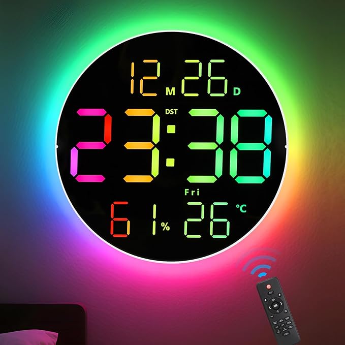 10 Inch Large Digital Wall Clock with 13 Color Changing Remote Control, Date Week Temperature, Auto Brightness Dimmer Big Clock with Night Lights,RGB