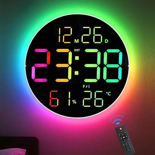 10 Inch Large Digital Wall Clock with 13 Color Changing Remote Control, Date Week Temperature, Auto Brightness Dimmer Big Clock with Night Lights,RGB
