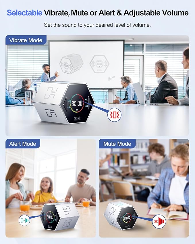 Pomodoro Timer Cube, Hexagon Productivity Timer, Pause & Resume, Silent, Vibrate & Adjustable Sound Alert, for ADHD, Task, Work, Study, 5/15/25/30/45/60min & Custom Countdown,Silver