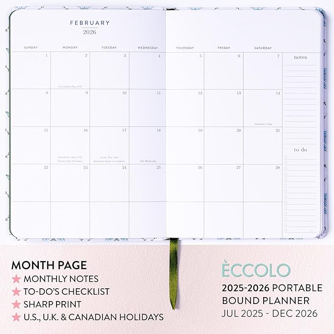2025-2026 Eccolo 18 Month Linen Bound Planner, Monthly & Weekly Pages (5.25 x 7.75" - July 2025 - Dec 2026 - Blue Wallpaper)