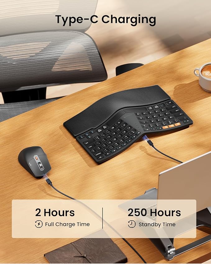 ProtoArc Bluetooth Ergonomic Keyboard Mouse, EKM04 Mini Compact Wireless Ergo Keyboard Mouse Combo, Split Design, Wrist Rest, Multi-Device, Rechargeable, for Windows/Mac - Black