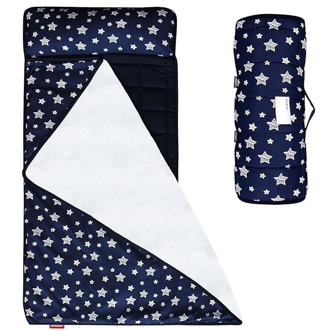 Moonsea Toddler Nap Mat Boy Navy and Fleece Minky Blanket, Lightweight and Soft Perfect for Kids Preschool, Daycare, Travel Sleeping Bag for Boys, 21" x 50" Fit on a Standard Cot