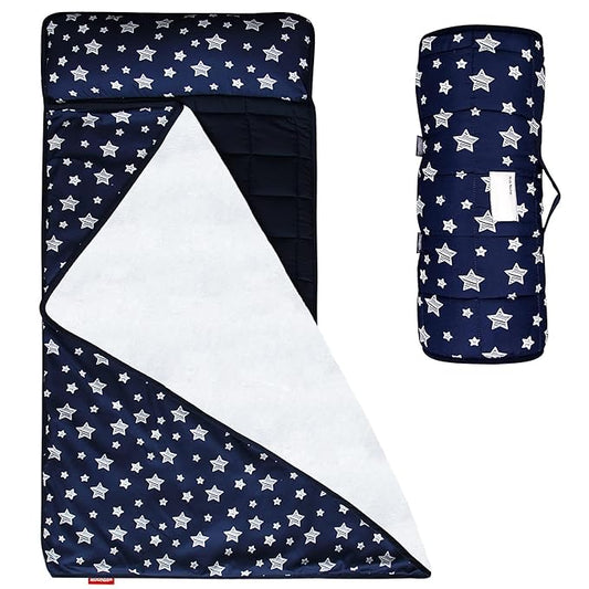 Moonsea Toddler Nap Mat Boy Navy and Fleece Minky Blanket, Lightweight and Soft Perfect for Kids Preschool, Daycare, Travel Sleeping Bag for Boys, 21" x 50" Fit on a Standard Cot