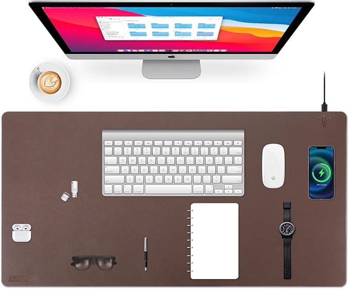 Wireless Charging Desk Mat with Desk Pad for Desktop Charging Large Mouse Pad Waterproof Leather Computer Mat Mouse Pad Non-Slip Protector on Top of Desks for Keyboard and Mouse (brown-r, 32*16inch)