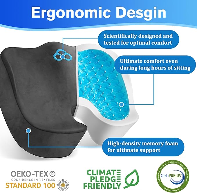 Seat Cushion, Gel Chair Cushions, Office Chair Cushions, Anti-Slip Bottom & Removable Cover Tailbone Pain Relief Cushion, Memory Foam Seat Cushion for Office, Wheelchair, Car (Grey)