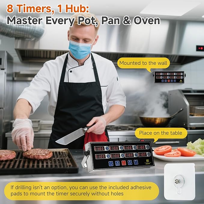 Commercial Kitchen Timers for Cooking, 8-Channel Timer for Commercial Kitchens, Heavy-Duty Loud Alarm Timer for Restaurants, Stainless Steel, LED Technology