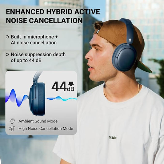 Edifier V80 Hybrid Active Noise Cancelling Headphones, True Wireless Over Ear Bluetooth Headset with 45H Playtime Hi-Res Audio Fast Charging Multipoint Connection for Travel Home Office (Navy)