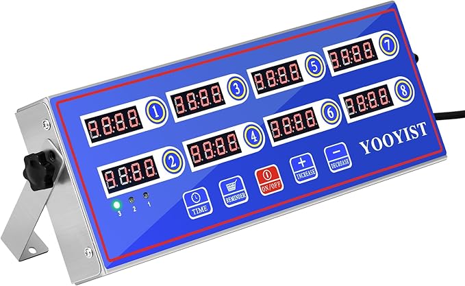 Kitchen Timers for Cooking – 8 Channel Commercial Kitchen Timer Restaurant Kitchen Supplies – Stainless Steel LED Technology Kitchen Timer Digital – Reminder Function, Loud Alarm, Blue