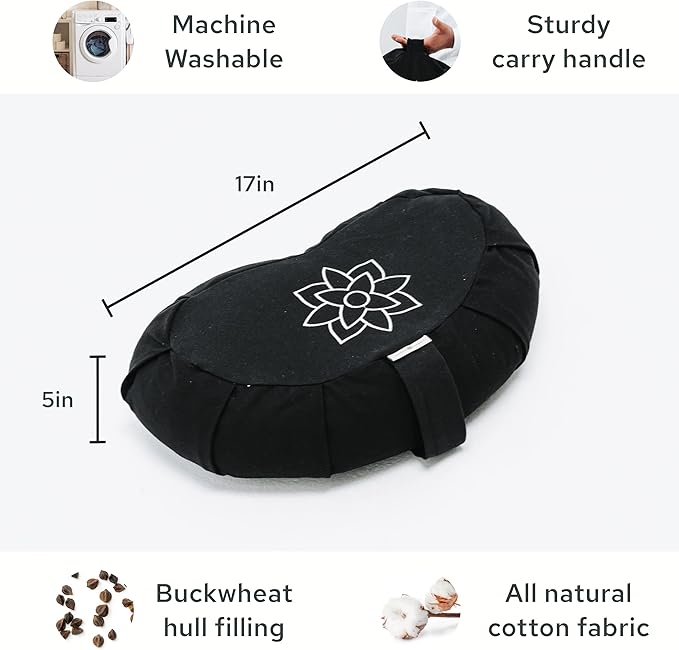 Mindful & Modern Large Meditation Cushion | Zafu Yoga Bolster Meditation Floor Pillow Seat | Buckwheat Hull Filled Crescent Shaped Cushion with Removable Washable Cover + Carry Handle