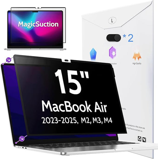 Privacy Screen for MacBook Air 15 Inch (2023-2025, M2, M3, M4)- A2941 A3114 A3241, MagicSuction™ Removable Anti Spy Black Protector, Glare Blue Light Filter for Mac Laptop Computer