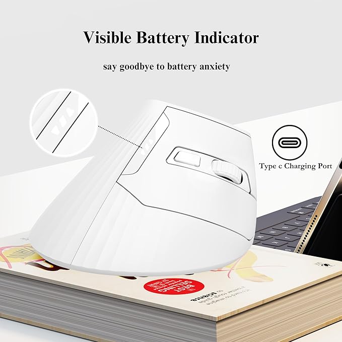 Ergonomic Mouse,Wireless Mouse,Bluetooth Vertical Mouse with BT5.0/4.0/2.4G, Rechargeable with Battery Indicator,Ergonomic Design for Comfort and Reduced Wrist Strain for Home,Office Use(White)