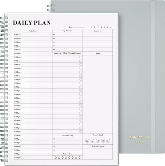 Planner Undated, Asten Daily Planner Agenda with to Do List, Hourly Schedules for Women and Men, Spiral Appointment Book with Elastic Closure, Inner Pocket 8.5" x 11" (Gray)