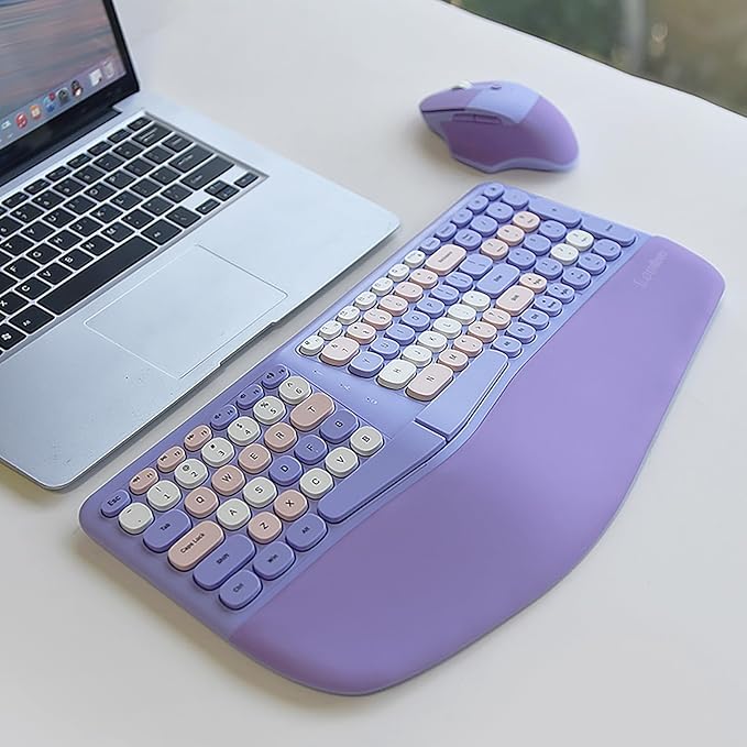 Wireless Ergonomic Keyboard and Mouse Combo with PU Wrist Rest, Carpal Tunnel Keyboard, 2.4G Colorful Split Ergo Keyboard, Comfortable Natural Typing, Compatible with PC/Laptop (Purple)