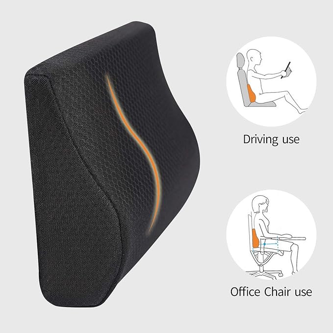 Memory Foam Lumbar Support Pillow for Car - Lower Back Support Cushion for Driving, Back Pain Relief for Car Seat, Office Chair, Wheelchair (Black)