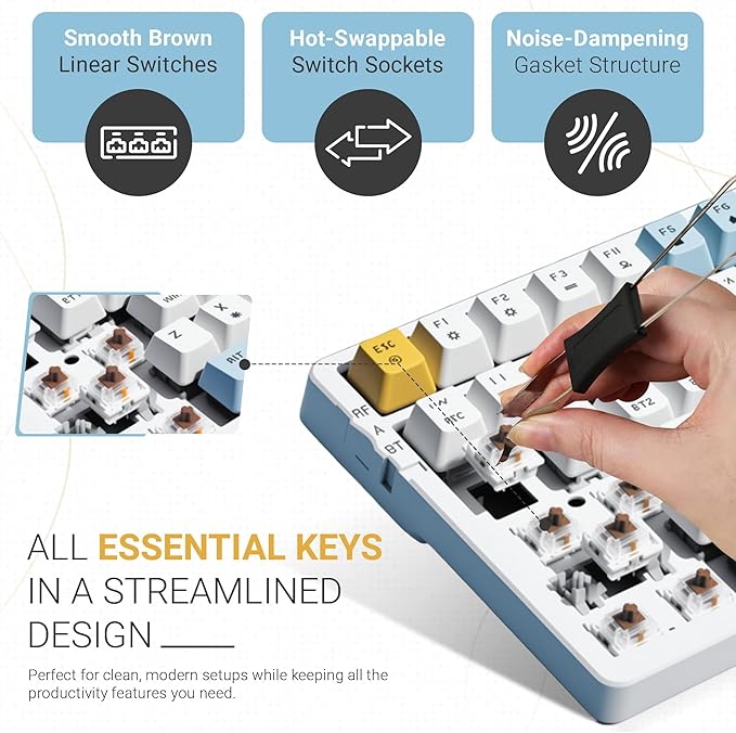 Qisan Wireless/Wired Mechanical Keyboard, Triple Mode 2.4G/USB-C/BT Wireless Gaming Keyboard, 100 Keys (98%) US Layout Brown Switch Rechargeable Ice Blue Backlit Keyboards | Blue & Yellow & White