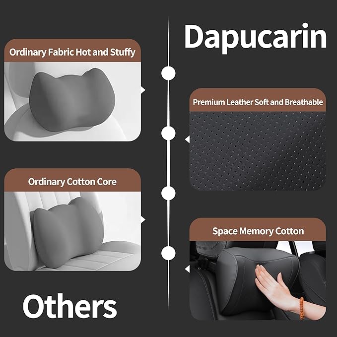 Car Headrest Pillow 100% Memory Foam, Breathable Removable Leather Cover, Premium Seat Support Head Neck Cushion for Driving Travel Home Office, Black, 1 Pack