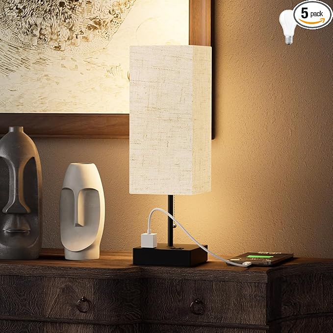 Table Lamp for Bedroom with USB,Bedside Lamp with USB C+A Charging Ports,Adjustable 3color LED Light for Home Decor/Nightstand/Office,Included Bulb and Fabric Lamp Shade (Linen White, 1PCS)