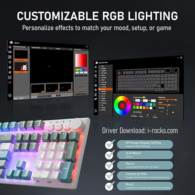 iRocks K74R Wireless RGB Illuminated Mechanical Gaming Keyboard, Hot-Swappable Switches, Easy-Clean Floating Design, PBT 107 Keys NKRO, Detachable USB-C Cable - Island Blue (Brown Switches)