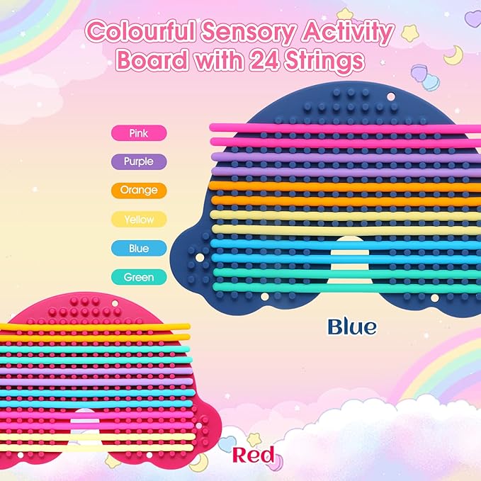 2 Pack Sensory Activity Board Silicone Fidget Toy, Double-Sided Rainbow Sensory Toys for Autism, Stress, Anxiety, ADHD, Kids 3+& Adults, Includes Travel Bag & 24 Strings, Red & Dark Blue