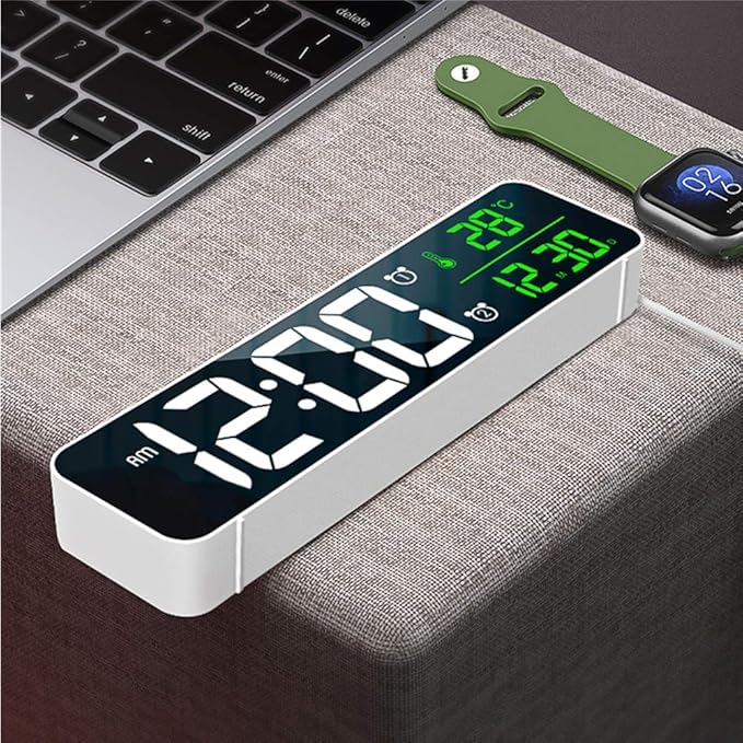 Digital Clock, Clock for Bedroom, Clocks for Living Room Decor, Desk Table Clock, Alarm Clock Large Display with Date Week Temperature, Automatic Brightness Dimmer, Smart Cool Modern (White Green)