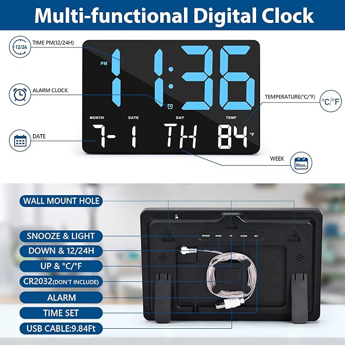 SZELAM Digital Clock Large Display,11.5"Digital Wall Alarm Clock with Remote Control,LED Oversized Electric Clock with Calendar,12/24H,Adjustable Brightness Large Clock for Home Office Kitchen Bedroom