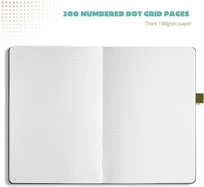 Dotted Journal – 140gsm Bleed Proof Thick White Paper – 200 Numbered Dot Grid Notebook Pages – Lay Flat Binding a5 Dotted Notebook with 3 satin Bookmarks and Expandable Back Pocket