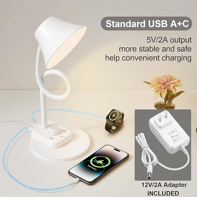 BOHON LED Desk Lamp for Home Office, Fully Dimmable Bedside Lamps with USB A and C Charging Port, 5 Colors Reading Lamp with Night Light, Auto Timer, Table Lamp for College Dorm Room White