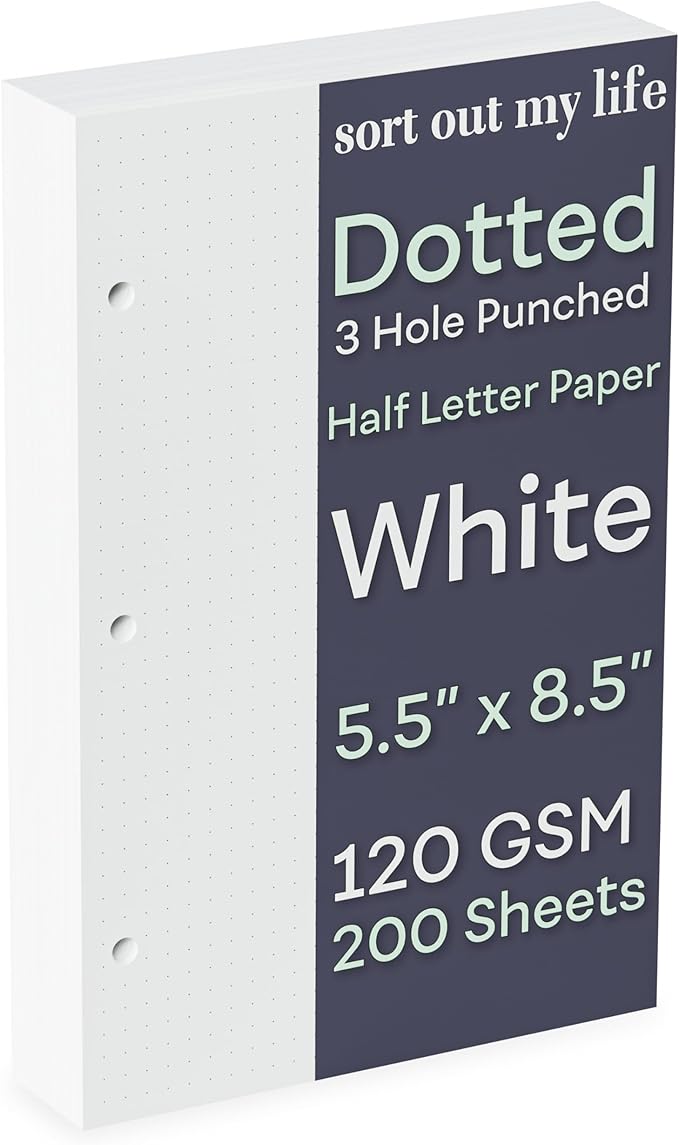 Half Letter 3-Hole Punched Dot Grid Paper, 200 Sheets, 120 GSM, 5.5 x 8.5 inch, Dotted Paper Planner Refill Inserts for Mini-Binders and 3-Ring Half Letter Binders