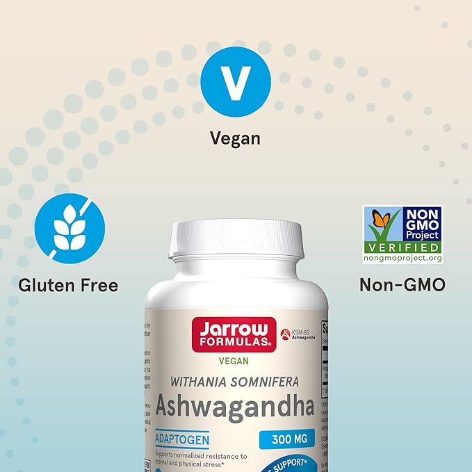 Jarrow Formulas Ashwagandha 300 mg - 120 Veggie Capsules - Overall Health & Resistance to Fatigue - Supplement Supports Endurance, Muscle Recovery & Cognitive Health - 60 Servings (Pack of 12)