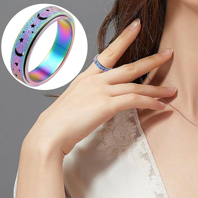 OreilleStar Anxiety Spinner Ring for Women - Fidget Toy for Adults - Stainless Steel Silver Rainbow Size 7 Moon Star Band