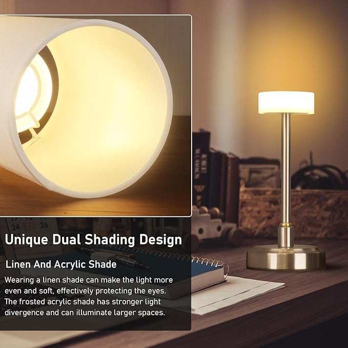 Small Cordless Touch Lamps for Nightstand Lamp Battery Operated Rechargeable Lamp, Portable 3 Colors Stepless Dimmable Fabric Shade Night Light for Restaurant/Bedroom/Outdoor (White+Nickel)