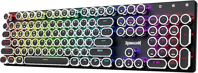 Redragon Typewriter Keyboard Wireless, Mechanical Gaming Keyboard, Bluetooth/2.4Ghz/Wired, RGB Backlit, Rechargeable, Blue Switch - Clicky, Metal Panel, Round Keycaps, Black