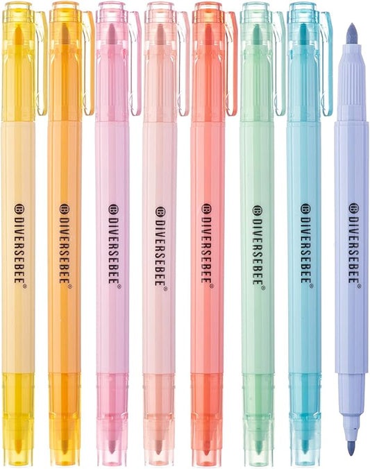 DIVERSEBEE Dual Tip Bible Highlighters and Pens No Bleed, 8 Pack Assorted Colors Quick Dry Highlighters Set, Cute Markers, Bible Study Journaling School Office Supplies and Accessories (Pastel)