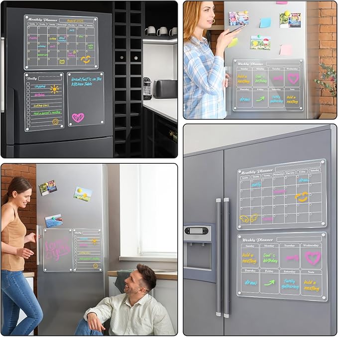 DIYMAG Planning Pads 4Pack Acrylic Magnetic Dry Erase Calendar for Fridge, Clear Skylight Calendar Set 2025 Magnetic Weekly Monthly Daily Memo Planner Board for Refrigerator with 6 Colors Markers