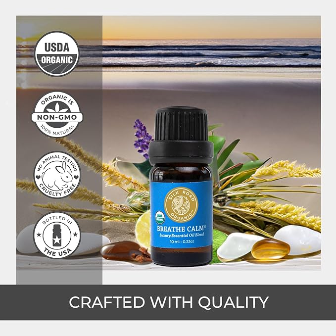 Silk Road Organic Breathe Calm Essential Oil Breathe Easy Blend, 100% Pure USDA Certified Aromatherapy for Cold, Cough, Congestion, Allergy Relief, & Wellness - 10 ml Dropper